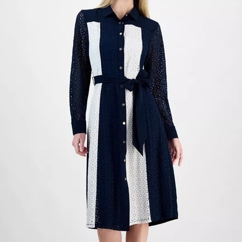 T Tahari Colorblocked Mixed Media Belted Dress Collared Navy White Womens XL